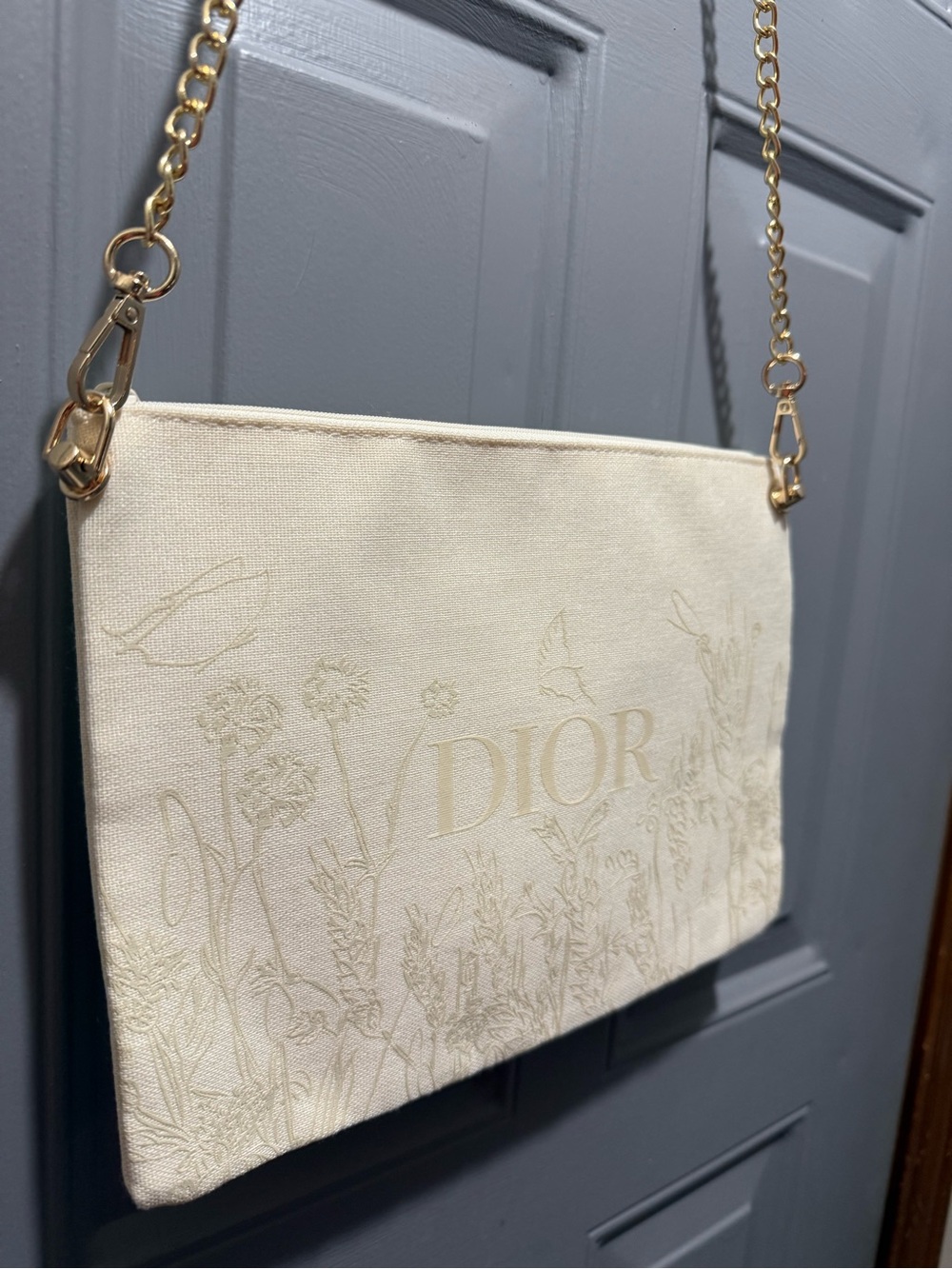 Dior Cream Floral Canvas Clutch with Gold Chain